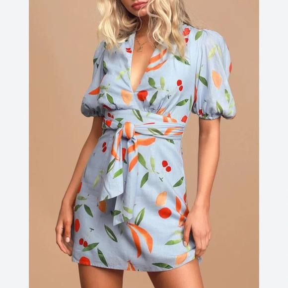 Finders Keepers Calypso Light Blue Fruit Print Puff Sleeve Mini Dress NWT Small - Picture 2 of 13